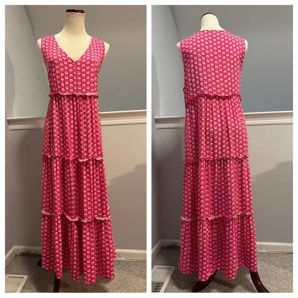 J. Crew Factory Pink Floral Tiered Midi Dress - Picture 4 of 8